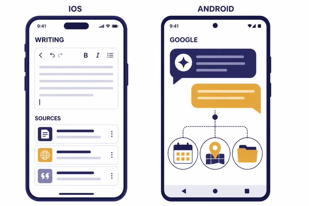 iPhone And Android Picks Two phone panels labeled IOS and ANDROID with WRITING, GOOGLE, and SOURCES workflow icons.