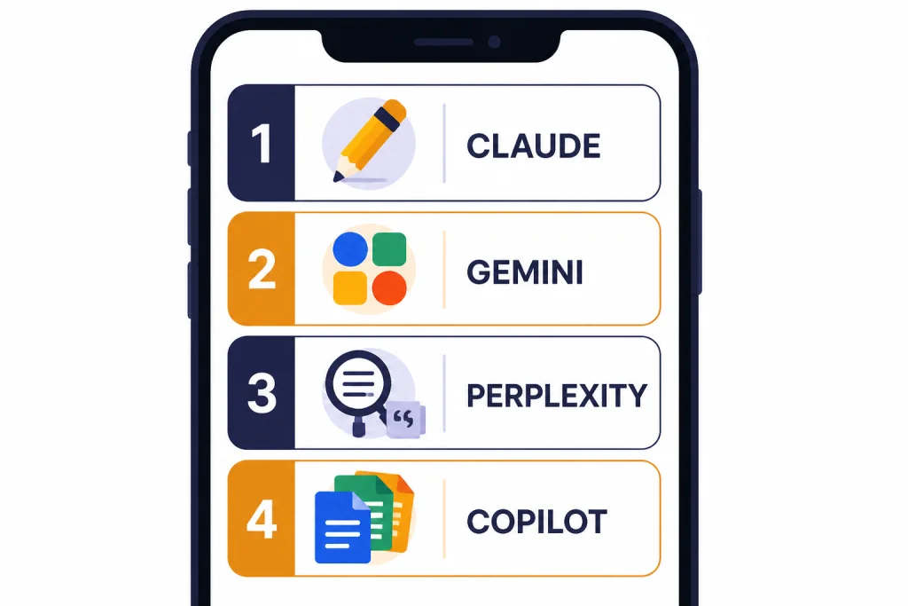 Mobile AI Quick Picks Phone screen with four ranked cards labeled CLAUDE, GEMINI, PERPLEXITY, and COPILOT.