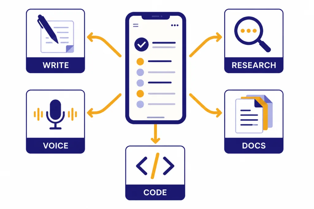 Phone task router with arrows to cards labeled WRITE, RESEARCH, VOICE, DOCS, and CODE.