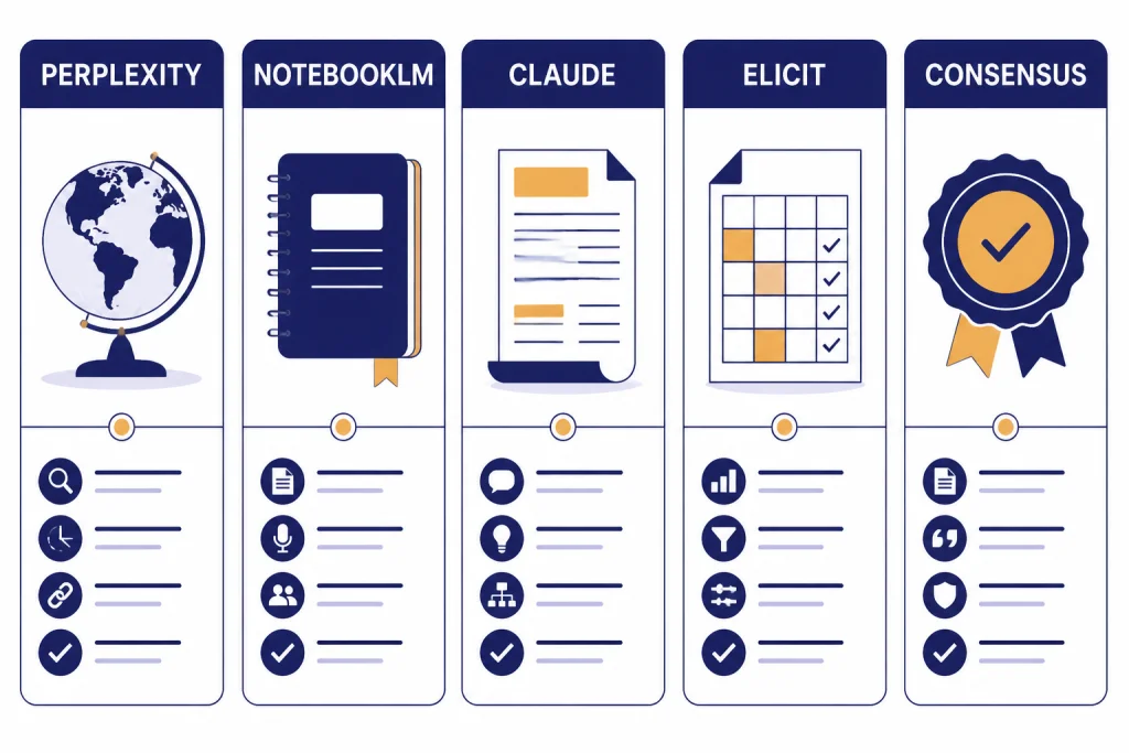 Five comparison cards labeled PERPLEXITY, NOTEBOOKLM, CLAUDE, ELICIT, and CONSENSUS.