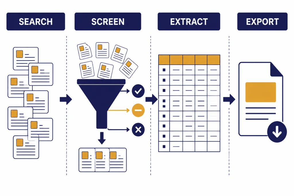 Literature Review Workflow Literature review workflow labeled SEARCH, SCREEN, EXTRACT, and EXPORT with paper cards and a grid.
