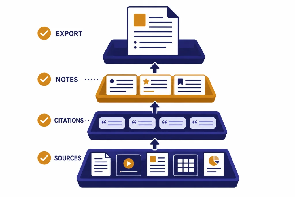 Four-layer stack labeled SOURCES, CITATIONS, NOTES, and EXPORT with arrows and checkmarks.