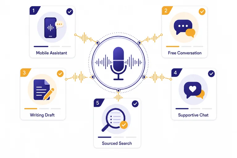 Voice AI comparison dashboard with a central microphone and five assistant cards for mobile, free, writing, support, and search.