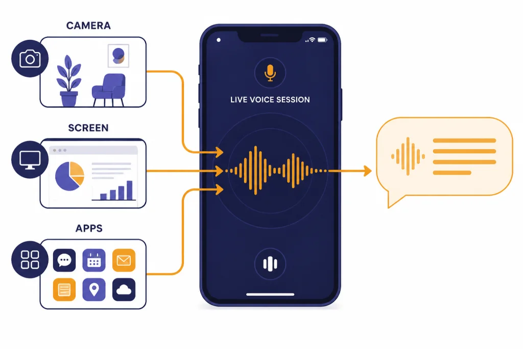 Smartphone voice session with inputs labeled CAMERA, SCREEN, and APPS flowing into a central waveform.