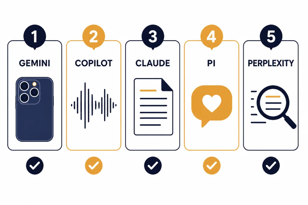 Five quick-pick cards labeled GEMINI, COPILOT, CLAUDE, PI, and PERPLEXITY with distinct voice-use icons.