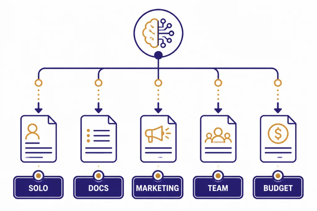 Writing Tool Decision Tree Decision tree branching to boxes labeled SOLO, DOCS, MARKETING, TEAM, and BUDGET.