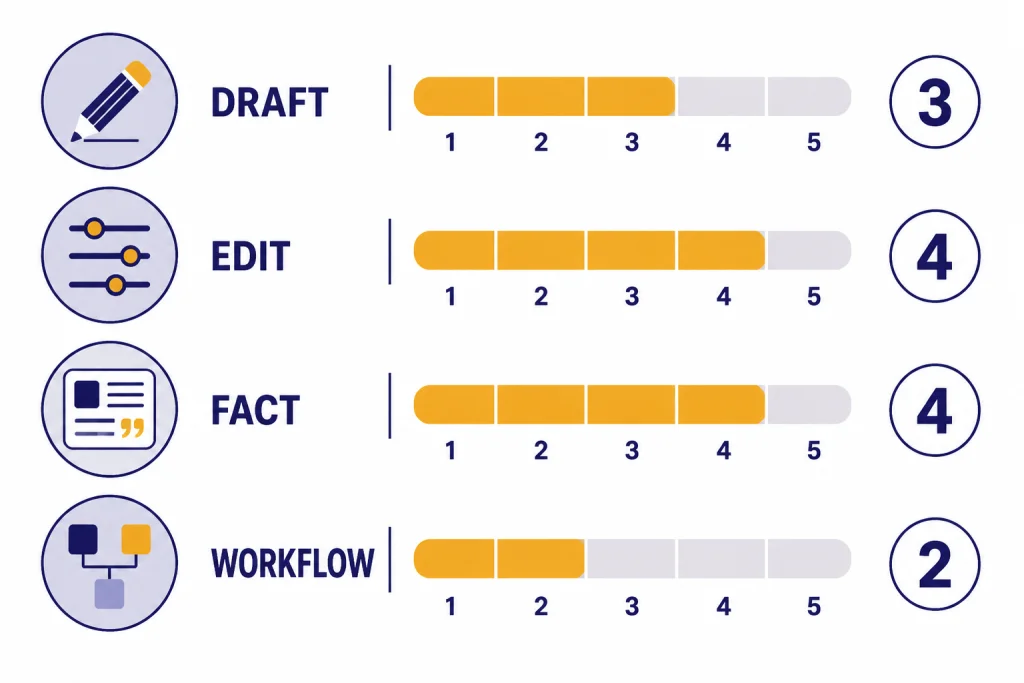 Four score bars labeled DRAFT, EDIT, FACT, and WORKFLOW for evaluating writing tools.