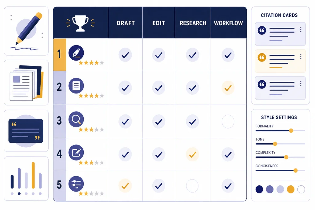 Writing Alternatives Dashboard Ranked writing comparison dashboard with columns labeled DRAFT, EDIT, RESEARCH, and WORKFLOW.