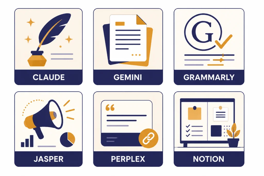 Quick Pick Cards Six recommendation cards labeled CLAUDE, GEMINI, GRAMMARLY, JASPER, PERPLEX, and NOTION.