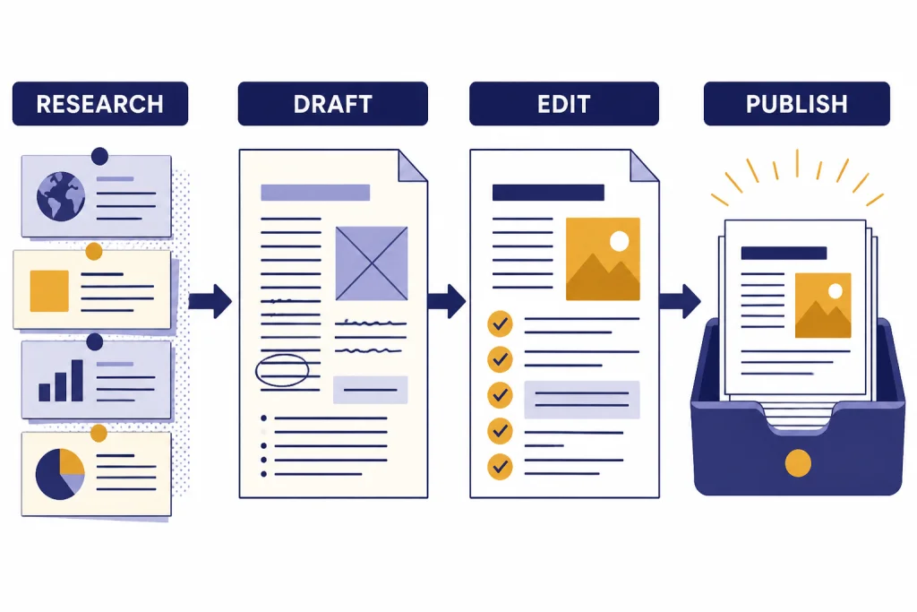Editorial workflow board labeled RESEARCH, DRAFT, EDIT, and PUBLISH from left to right.