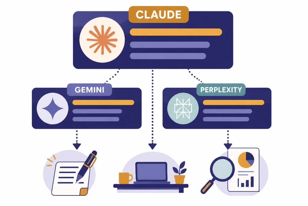 Best Overall Alternative Three assistant cards labeled CLAUDE, GEMINI, and PERPLEXITY with arrows to writing, workspace, and research icons.
