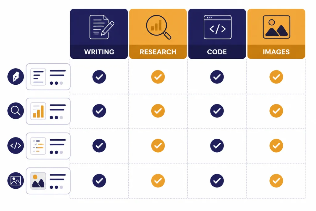 Comparison matrix labeled WRITING, RESEARCH, CODE, and IMAGES with checkmarks and tool cards.
