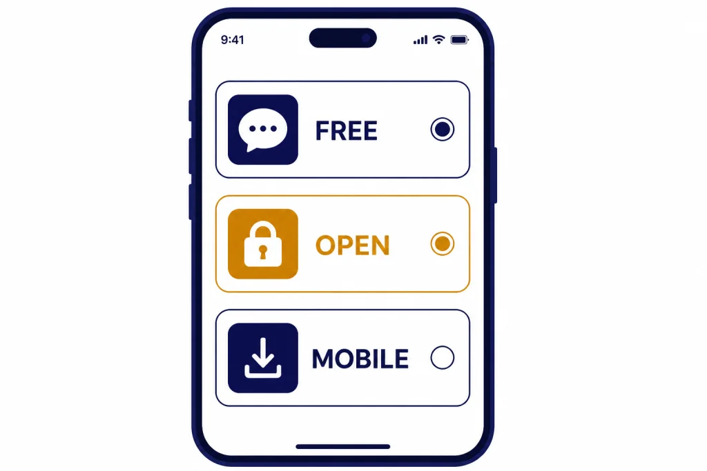 Free Open Mobile Picks Mobile phone screen with selectable cards labeled FREE, OPEN, and MOBILE plus chat, lock, and download symbols.
