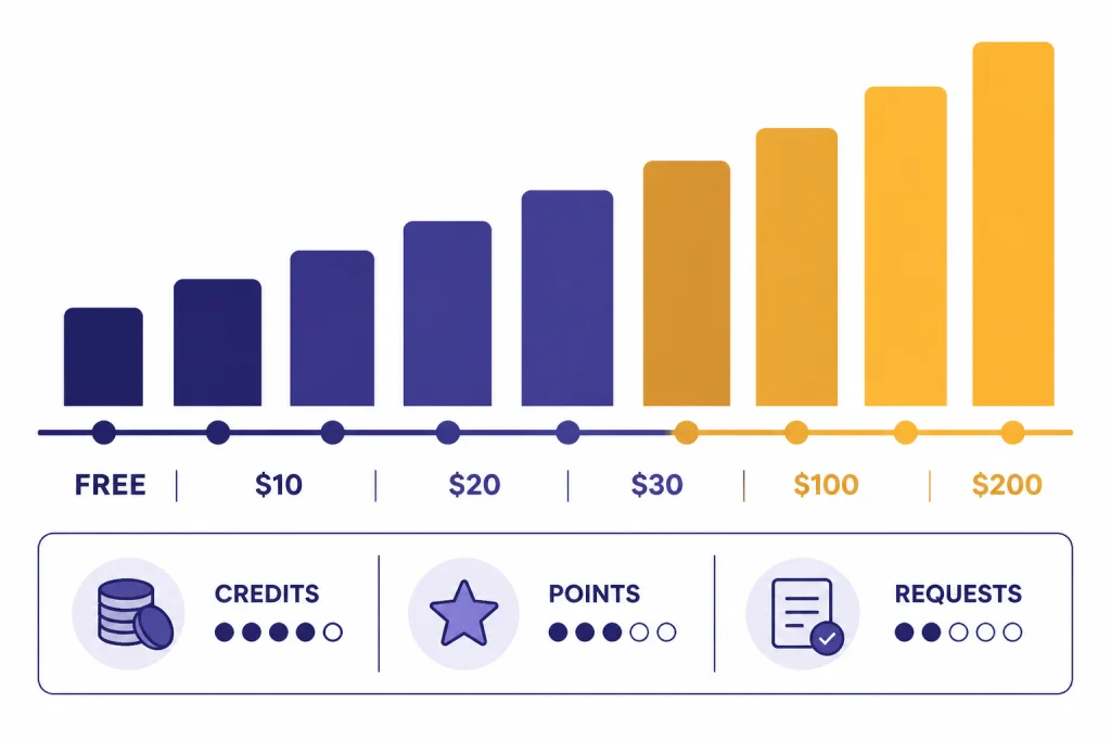 Pricing And Limits Meter Pricing meter with bars labeled FREE, $10, $20, $30, $100, and $200 plus credits, points, and requests icons.