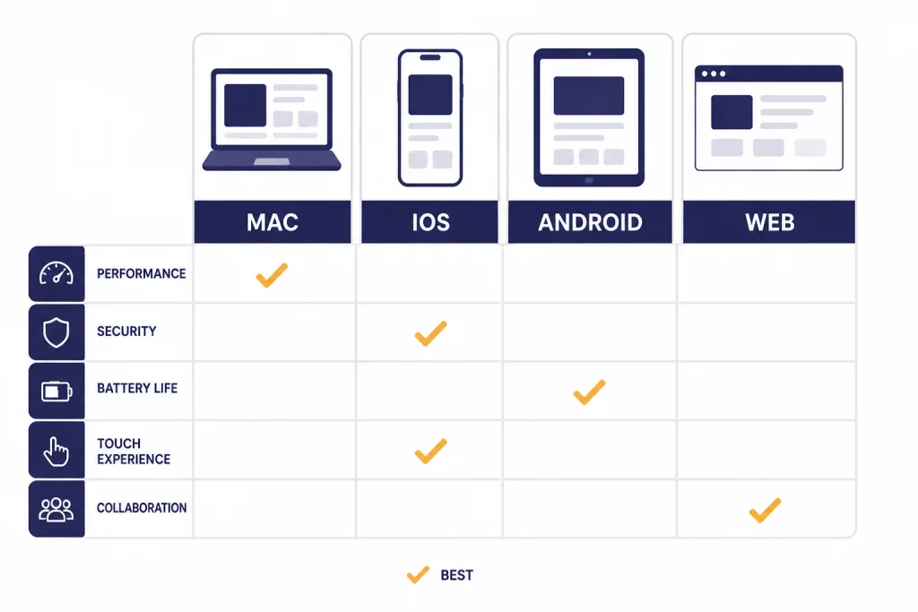 ChatGPT App Comparison Matrix Comparison matrix with cards labeled MAC, IOS, ANDROID, WEB, and BEST, each with checkmarks.