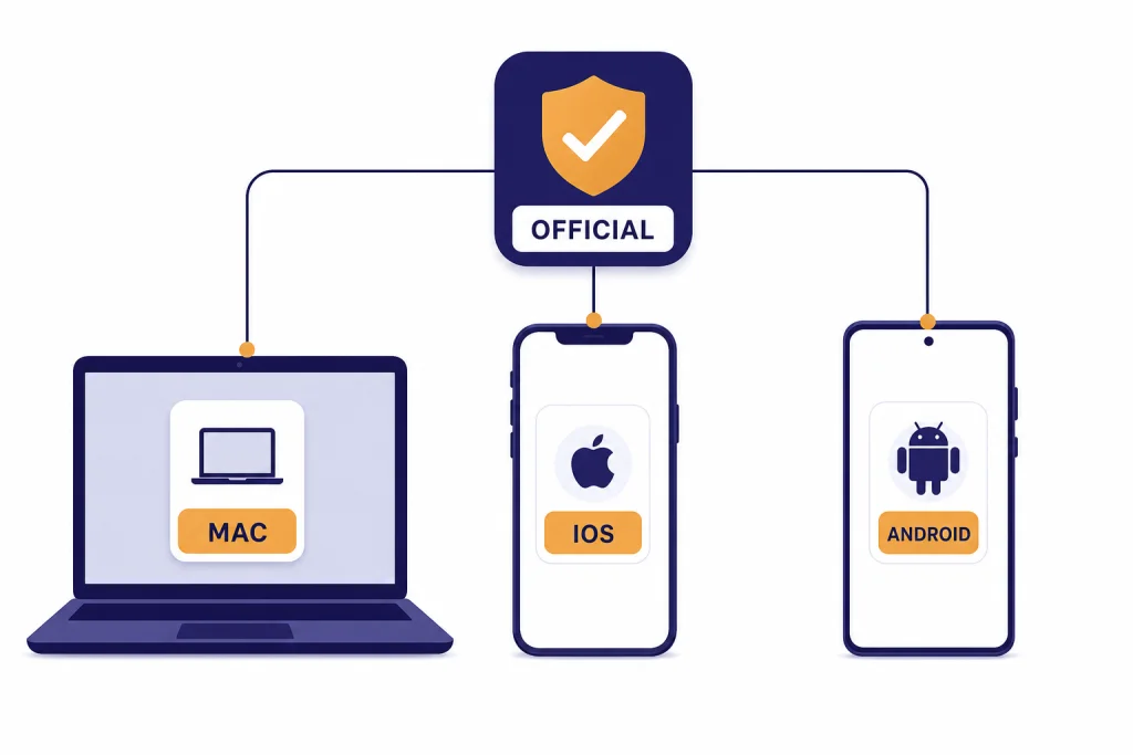 Official ChatGPT App Choices Laptop and two phones connected to a verified app tile labeled MAC, IOS, ANDROID, and OFFICIAL.
