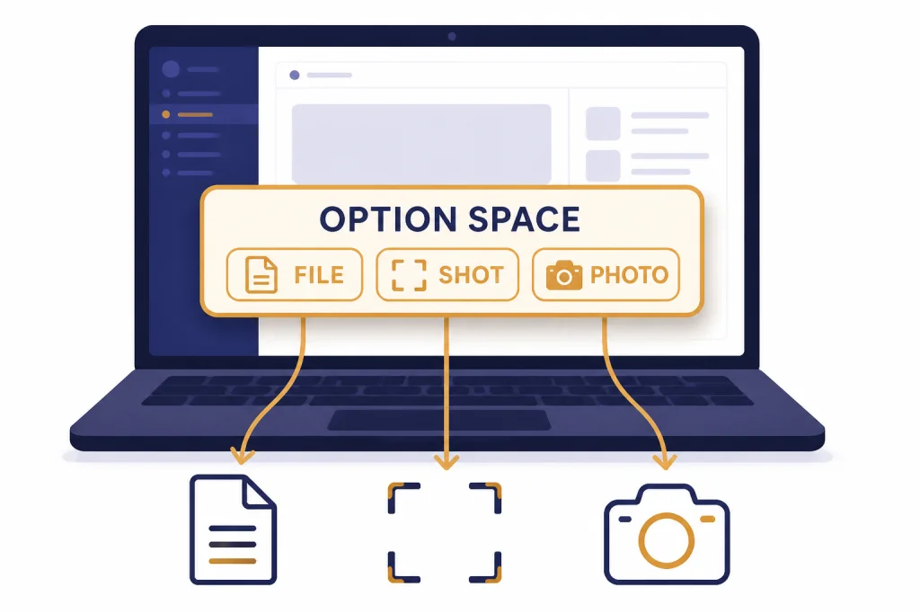 Laptop command bar labeled OPTION SPACE with action chips FILE, SHOT, and PHOTO.