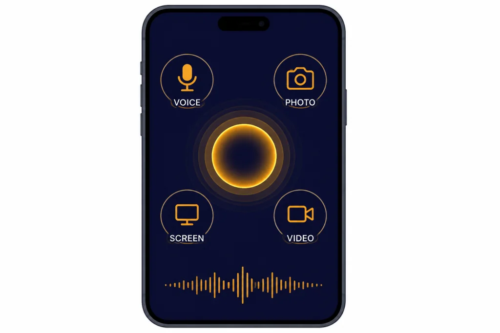 Smartphone voice session with action buttons labeled VOICE, PHOTO, SCREEN, and VIDEO.