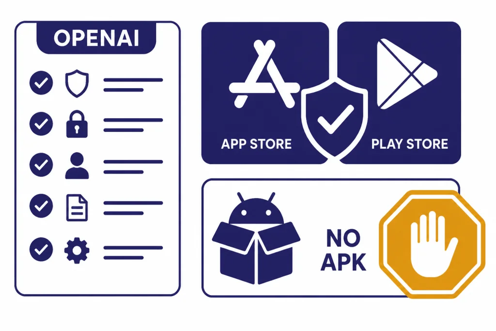 Safety checklist with labels OPENAI, APP STORE, PLAY STORE, and NO APK beside a blocked package icon.
