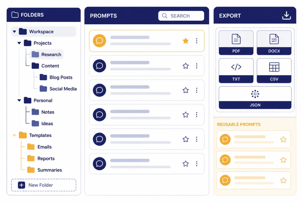 Workspace organizer with panels labeled FOLDERS, SEARCH, EXPORT, and PROMPTS around chat cards.