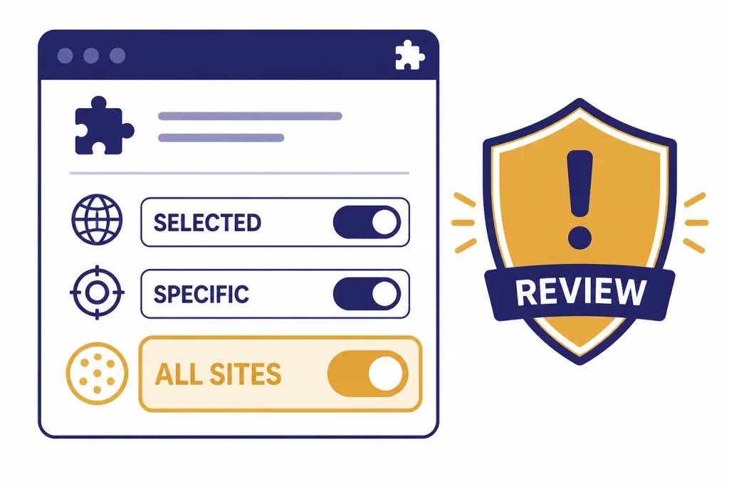 Permissions checklist with toggles labeled SELECTED, SPECIFIC, ALL SITES, and a shield labeled REVIEW.