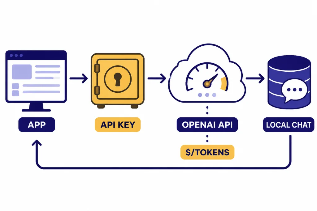 Flow diagram labeled APP, API KEY, OPENAI API, LOCAL CHAT, and $/TOKENS.