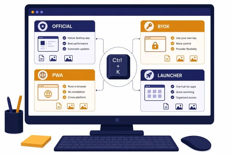 Desktop monitor with four app cards labeled OFFICIAL, BYOK, PWA, and LAUNCHER around a shortcut key.