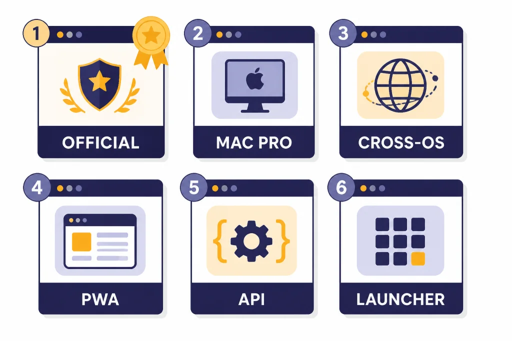 Quick Picks Grid Six ranked app cards labeled OFFICIAL, MAC PRO, CROSS-OS, PWA, API, and LAUNCHER.