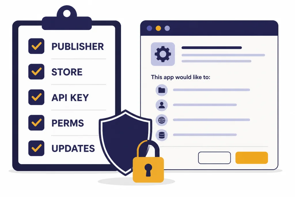 Desktop App Safety Checklist Security checklist labeled PUBLISHER, STORE, API KEY, PERMS, and UPDATES beside a permission dialog.