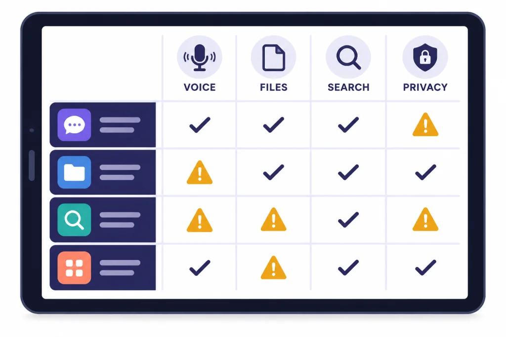 Mobile App Feature Matrix Tablet comparison matrix with columns labeled VOICE, FILES, SEARCH, and PRIVACY.
