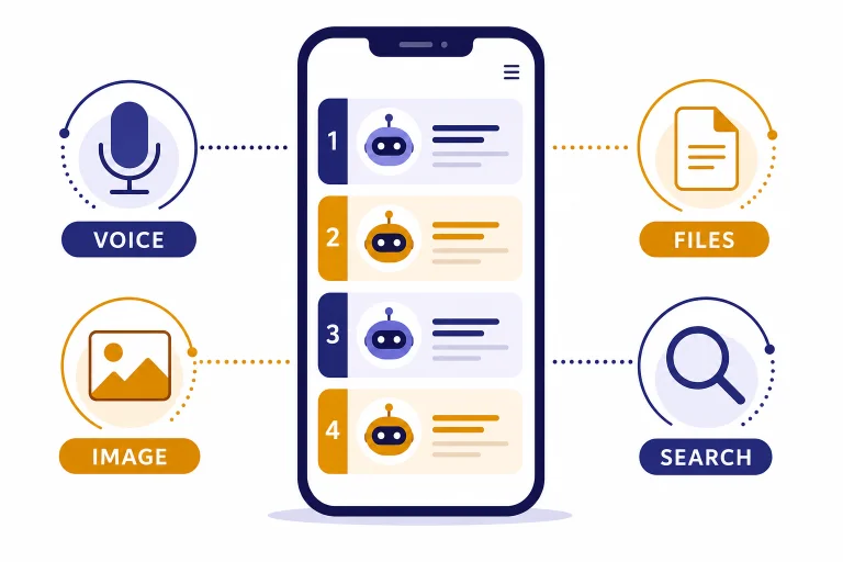 Smartphone with ranked assistant cards and labels VOICE, FILES, IMAGE, and SEARCH around it.