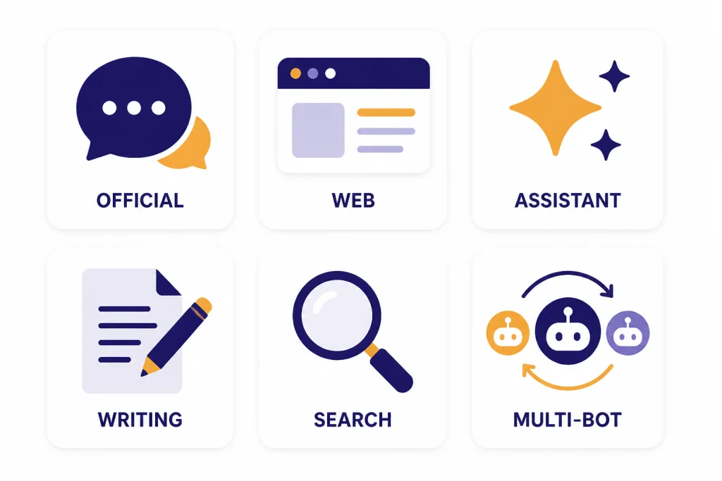 Quick Pick App Cards Six app cards labeled OFFICIAL, WEB, ASSISTANT, WRITING, SEARCH, and MULTI-BOT.