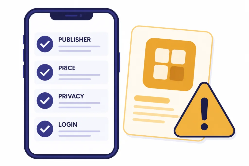 App Safety Checklist Phone safety checklist labeled PUBLISHER, PRICE, PRIVACY, and LOGIN beside a warning app card.