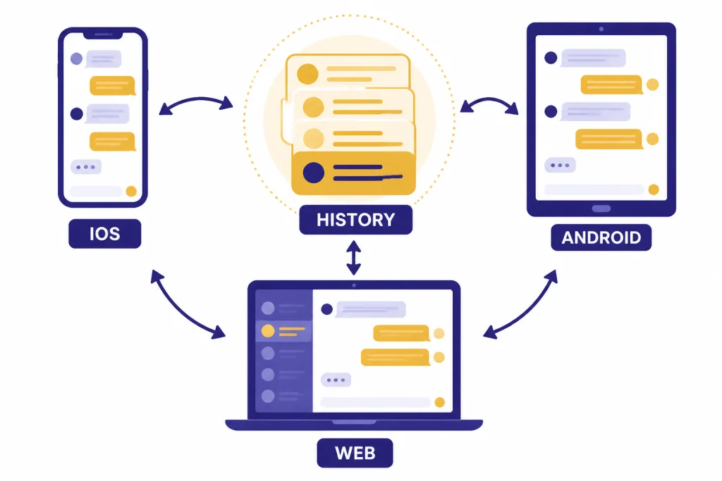 Phone, tablet, and laptop connected to a chat stack labeled IOS, ANDROID, WEB, and HISTORY.