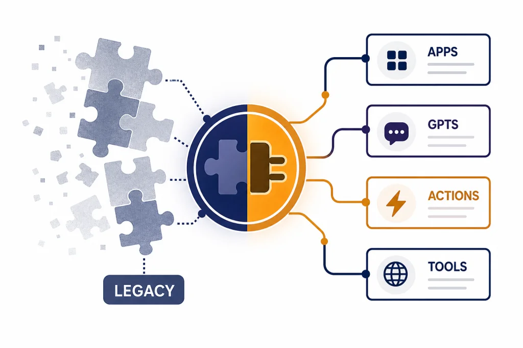 Legacy and Modern Plugin Hub Hub diagram with faded LEGACY pieces and modern cards labeled APPS, GPTS, ACTIONS, and TOOLS.