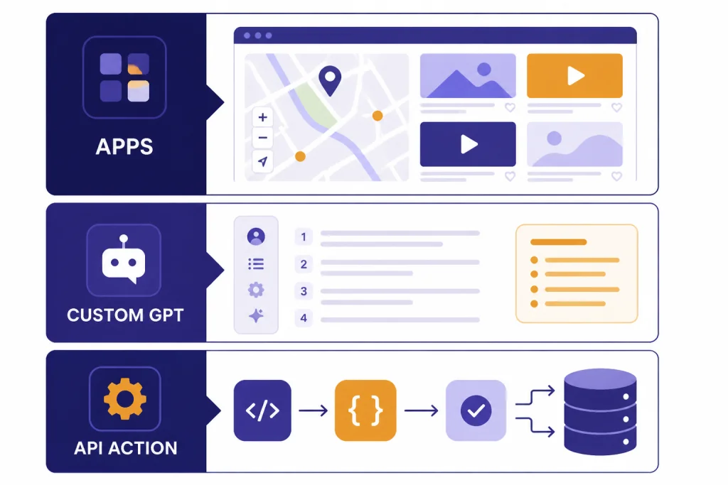 Modern Plugin Replacements Three workflow cards labeled APPS, CUSTOM GPT, and API ACTION with map, instruction sheet, and database arrows.