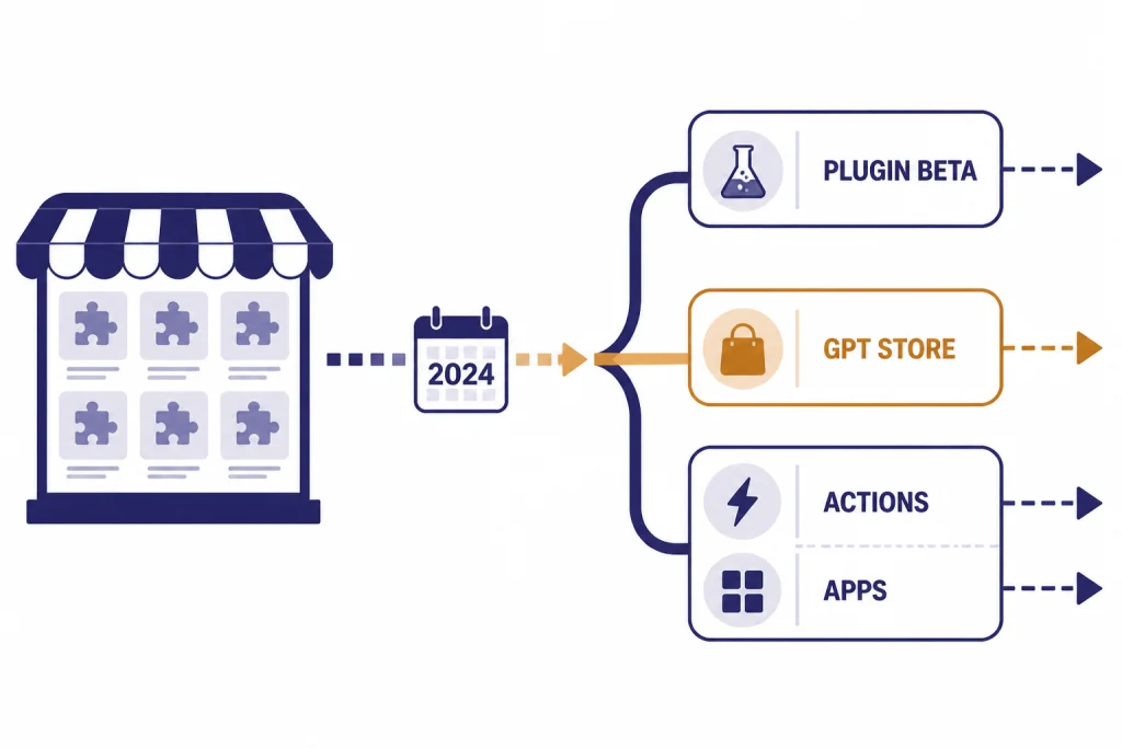 Plugin Evolution Timeline Timeline from PLUGIN BETA through 2024 to GPT STORE, ACTIONS, and APPS lanes.