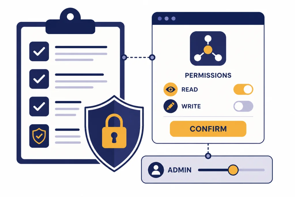 Security checklist and permission screen labeled PERMISSIONS, READ, WRITE, CONFIRM, and ADMIN.