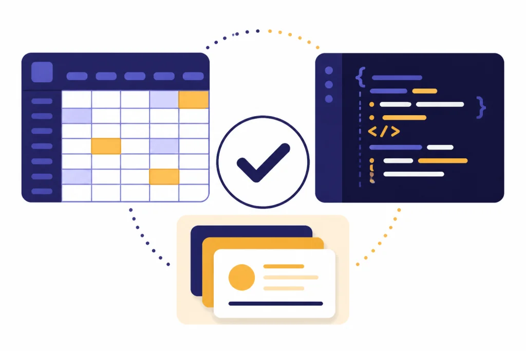 Spreadsheet grid, code panel, and study cards arranged around a central checkmark badge.