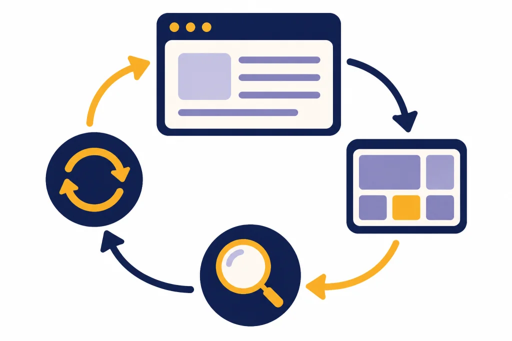 Circular workflow with prompt box, response panel, review magnifier, and revision arrow.