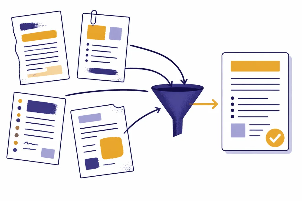 Four rough document cards flow through a funnel into one polished document card.