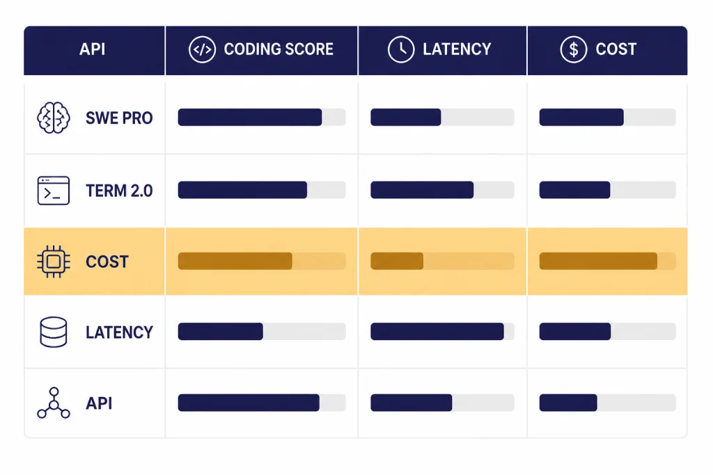 Comparison chart with rows and columns labeled SWE PRO, TERM 2.0, COST, LATENCY, and API.