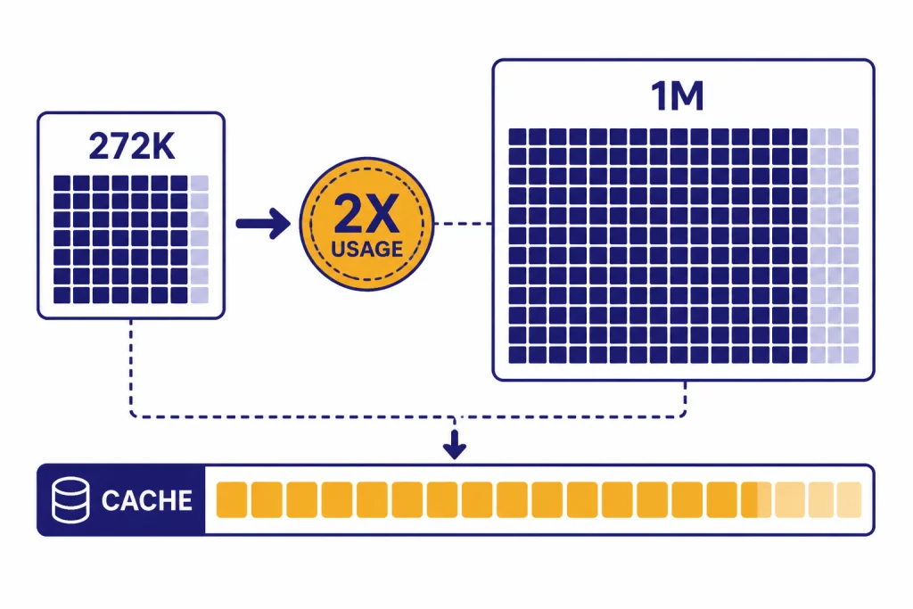 Context And Usage Trade-Off Context diagram with boxes labeled 272K and 1M, a 2X USAGE badge, and a CACHE lane.