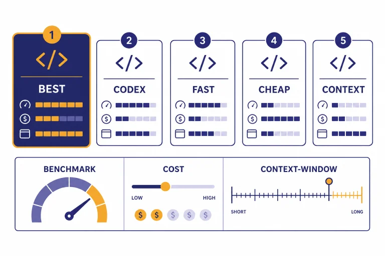 Coding model dashboard with cards labeled BEST, CODEX, FAST, CHEAP, and CONTEXT beside gauges and code brackets.