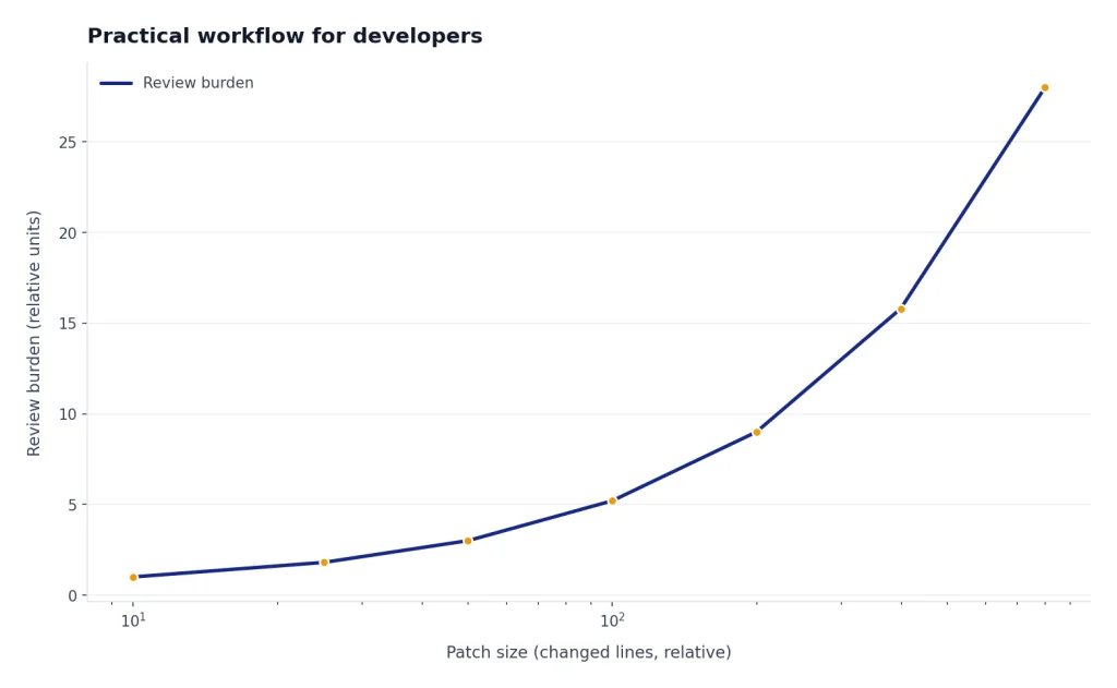 Line chart rising from 1 to 28 review burden units as patch size grows from 10 to 800 changed lines.