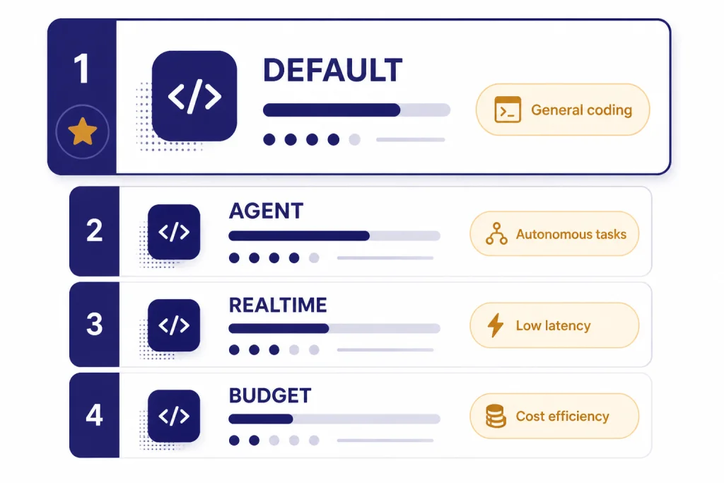 Coding Model Shortlist Four stacked coding model cards labeled DEFAULT, AGENT, REALTIME, and BUDGET, with the top card largest.