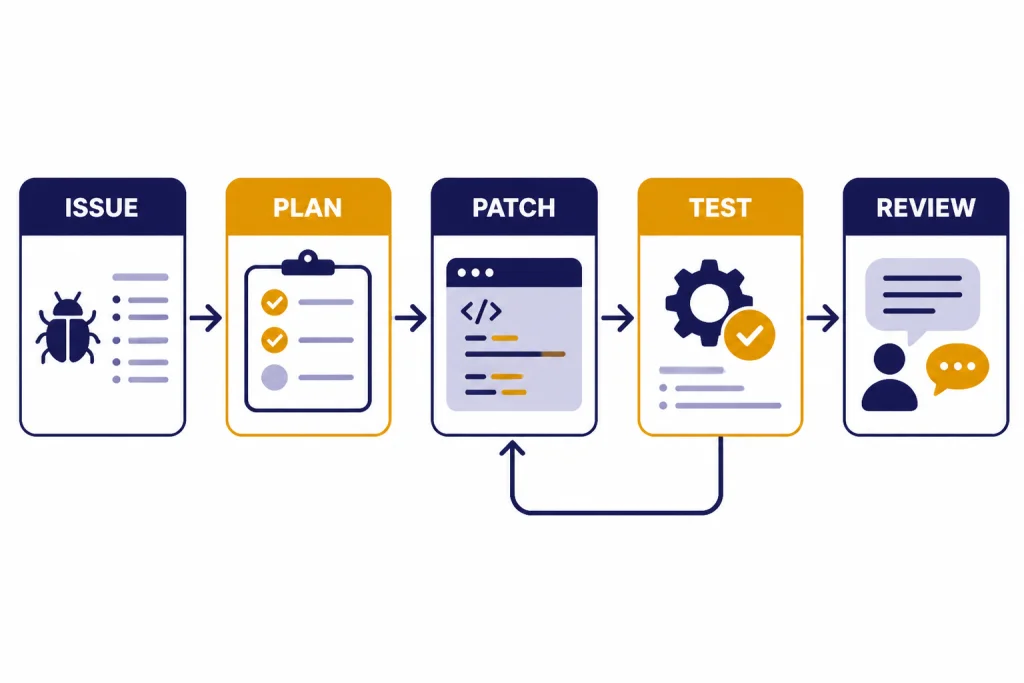 Developer workflow flowchart labeled ISSUE, PLAN, PATCH, TEST, and REVIEW with a feedback loop.