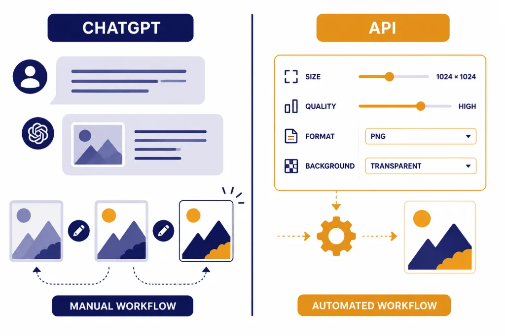 Split panel labeled ChatGPT and API, with chat edit arrows on the left and image setting sliders on the right.