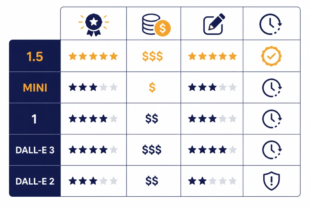 Comparison table for GPT Image models and legacy DALL-E models with quality and cost icons.