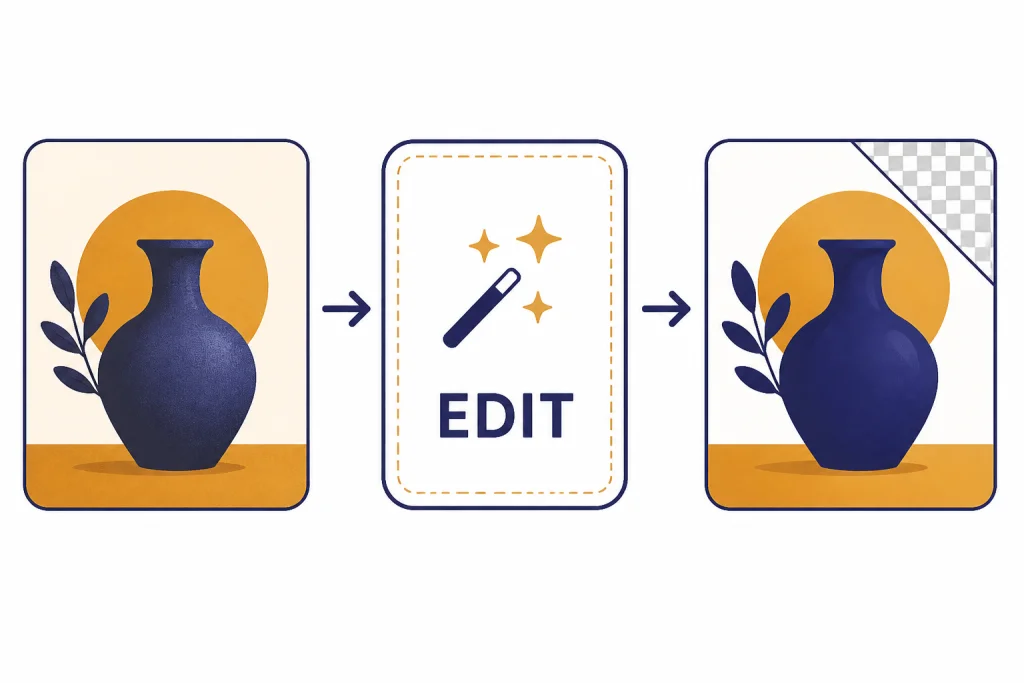 Editing workflow with input image tile, prompt box labeled EDIT, and output image with transparent checkerboard corner.